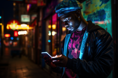 blooper1980_a_man_with_his_phone_looks_in_the_street_in_the_sty_f5df3589-100b-4b01-a85e-367312ccdcd6